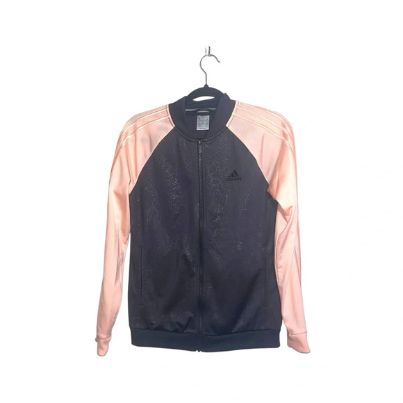 Adidas Black & Pink Embossed Full Zip Varsity Track Jacket Small Women’s - Picture 1 of 10